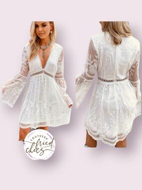 Southern Fried Chics White Lace Embroidered Mini Dress Bell Sleeve Size Large